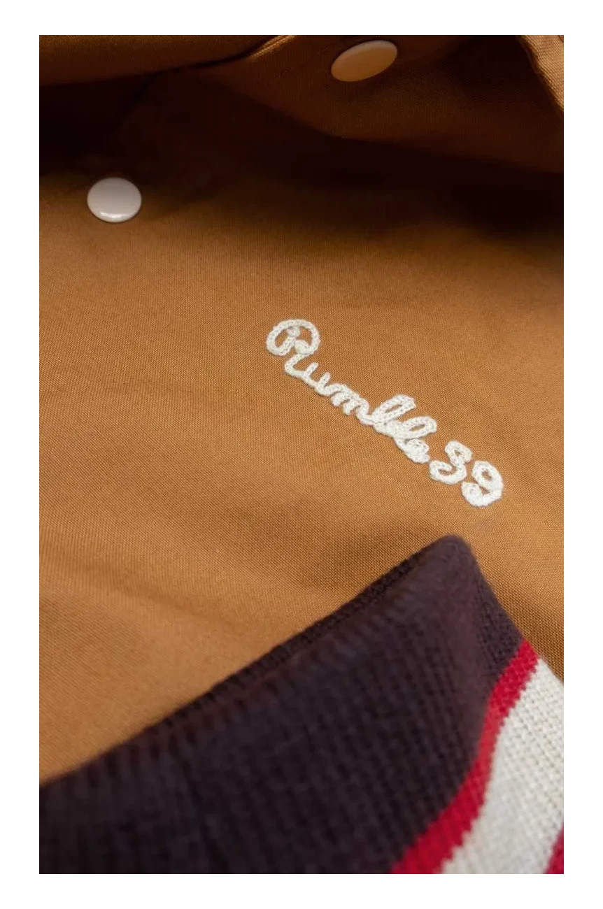 Veste teddy ocre Rumble59 Popeye gear head boutons pression bandes cotes tricolores retro