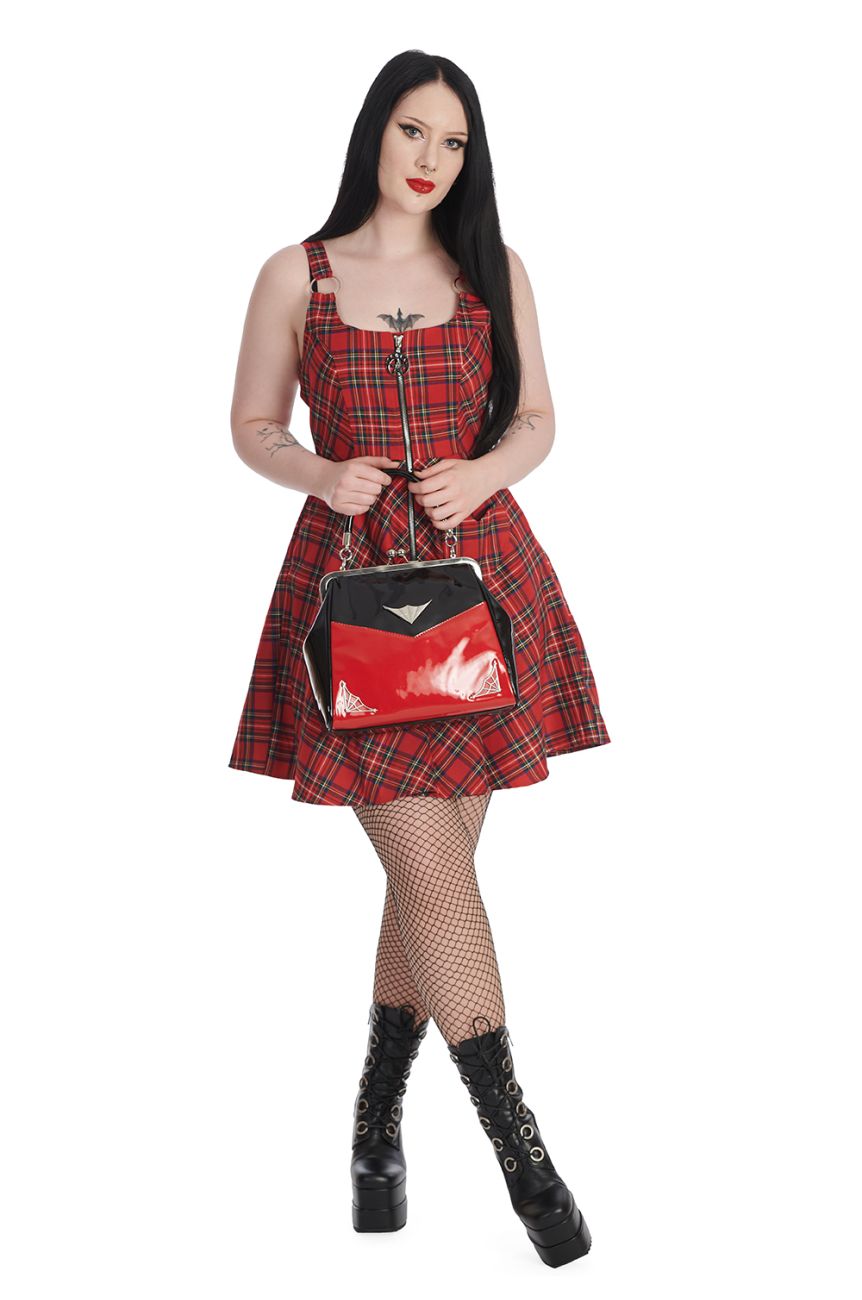 Robe rock tartan ecossais rouge zip poche coeur courte style punk pin-up vintage retro