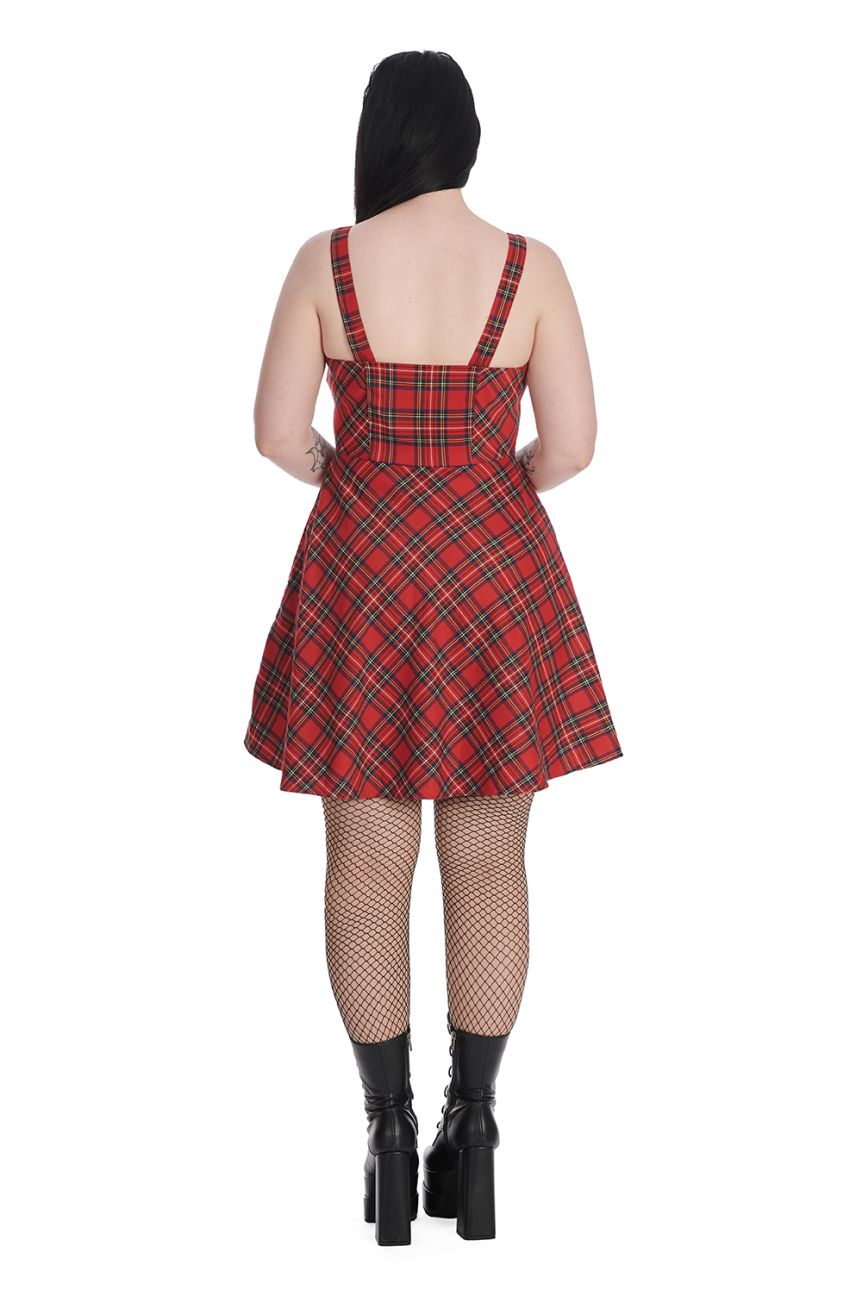 Robe Banned tartan rouge swing courte zip pendentif bretelles decoupees style alternatif