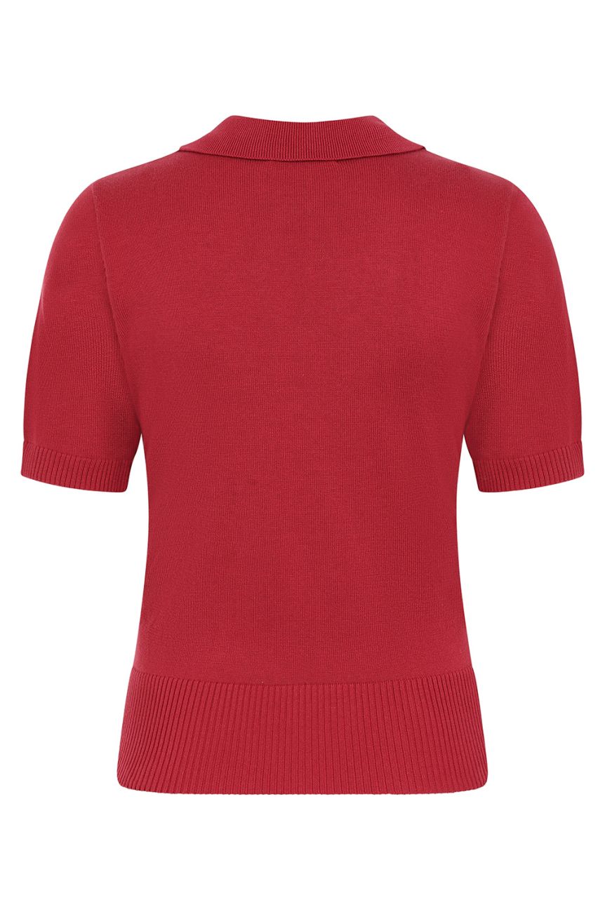 Dos top maille rouge col polo cotes manches courtes bande taille Banned style retro