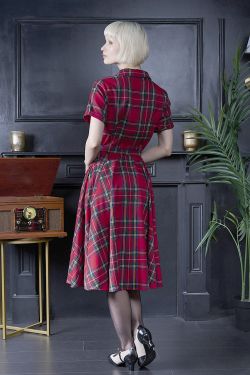 Robe vintage tartan Royal Stewart rouge col chemise jupe swing ample annees 50 retro