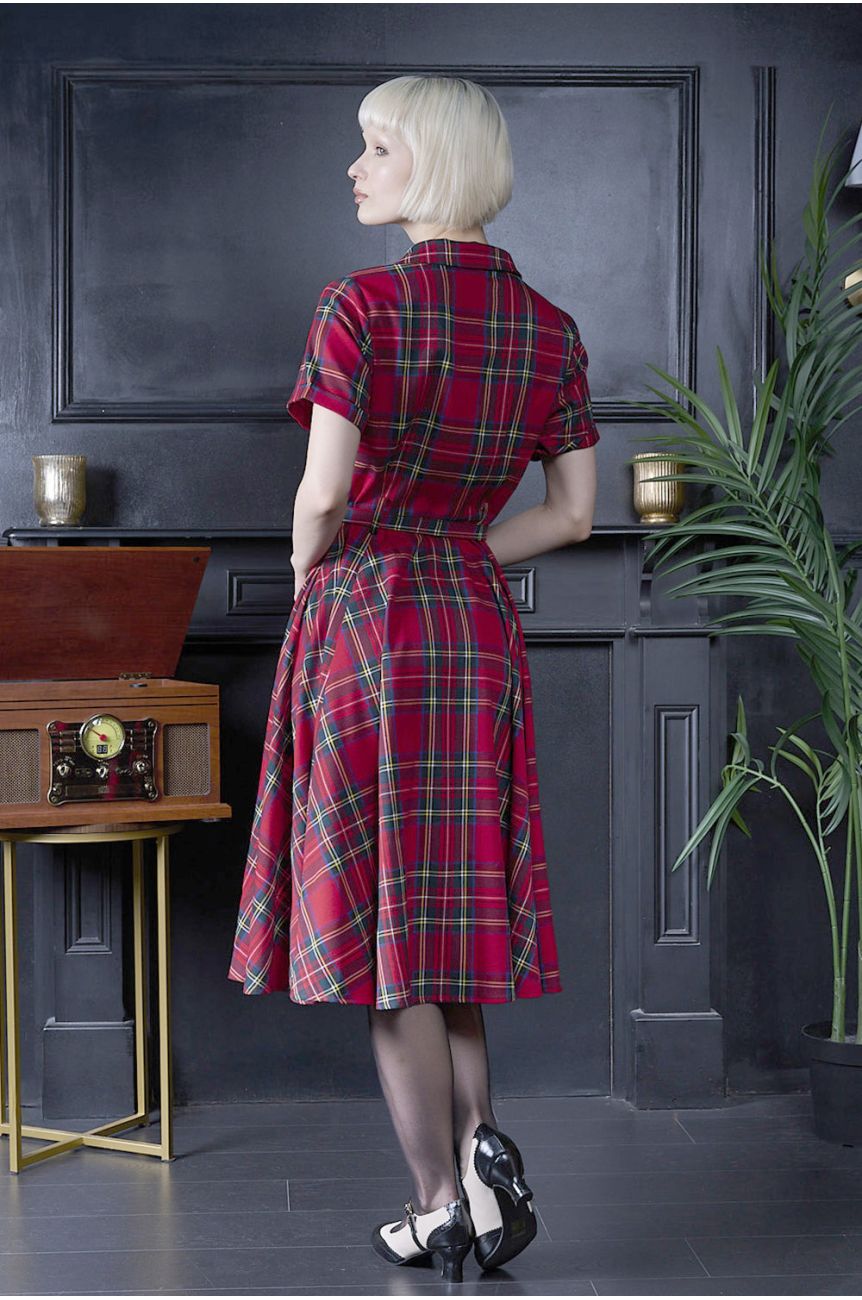 Robe vintage tartan Royal Stewart rouge col chemise jupe swing ample annees 50 retro