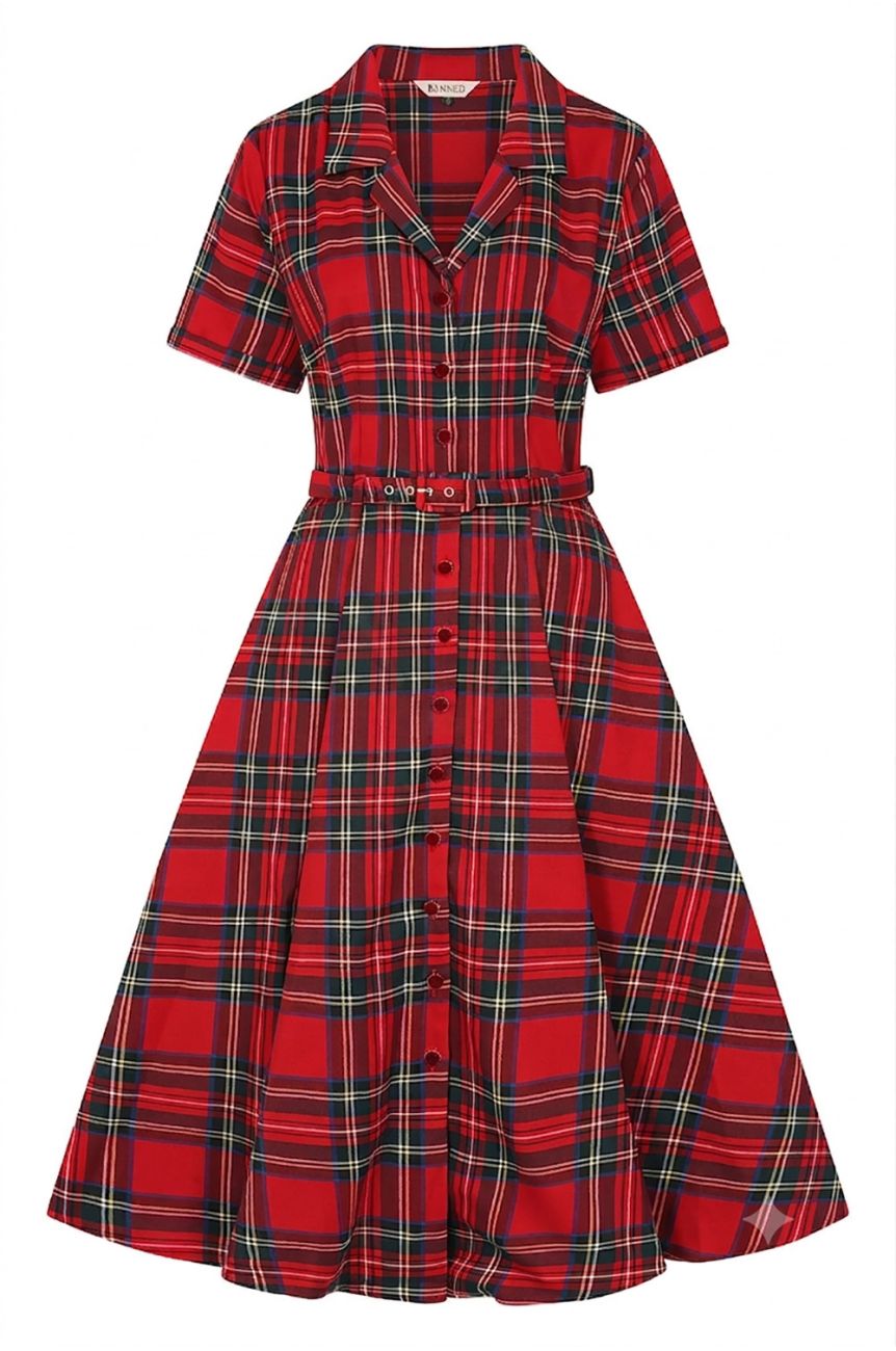 Robe chemise carreaux ecossais rouge swing ceinture doree style vintage alternatif Banned