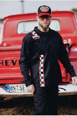 Chemise workwear homme noire damier vertical liseré rouge poches rabat col cubain racing