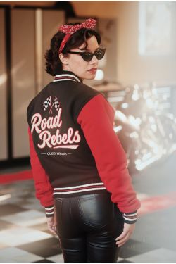 Veste college noire rouge Road Rebels patch QK bouclette matelassee Queen Kerosin rockabilly