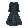 Robe ceremonie automne tartan vert marine swing manches 3/4 ceinture vintage Hearts Roses