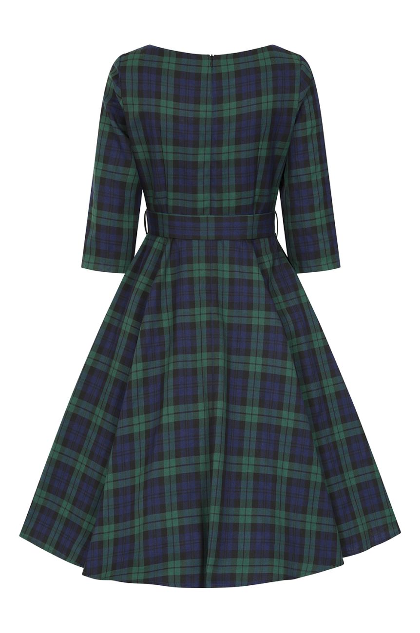 Robe elegance Black Watch tartan vert marine swing jupon blanc visible Hearts Roses chic