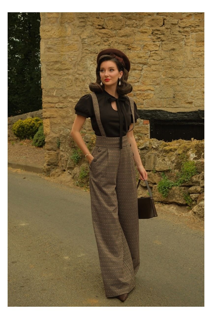 Dos pantalon palazzo pied-de-poule bretelles croisees X taille haute Voodoo Vixen retro
